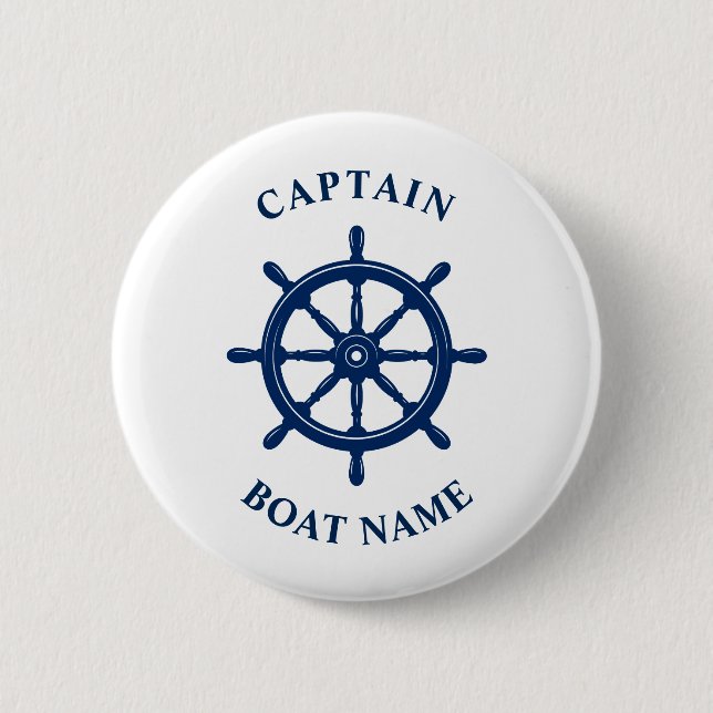 Nautical Ships Wheel Helm Captain Boat Name Navy 6 Cm Round Badge (Front)