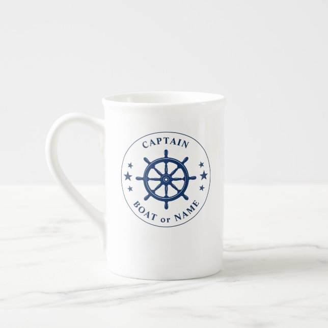 Nautical Ships Wheel Helm Stars Captain Name Navy Bone China Mug (Left)