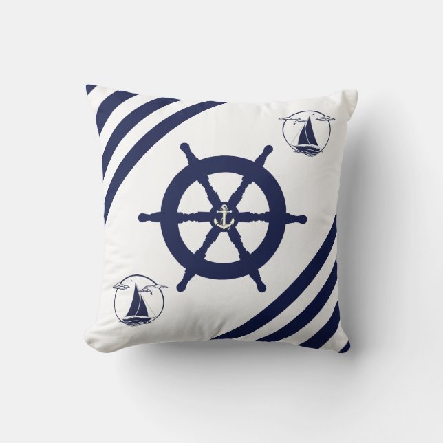 Nautical ship's wheel/sailboat/anchor/stripe cushion (Front)