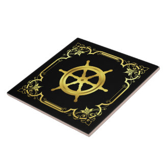 Nautical ship's wheel silhouette/gold/black ceramic tile
