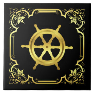 Nautical ship's wheel silhouette/gold/black ceramic tile