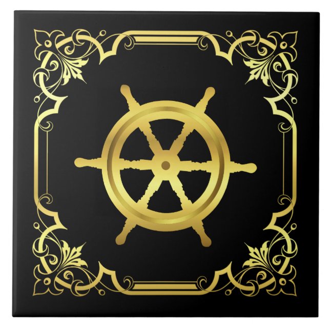 Nautical ship's wheel silhouette/gold/black ceramic tile (Front)