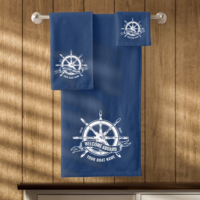 Nautical Ship's Wheel Welcome Aboard Navy Blue Bath Towel Set (Creator Uploaded)