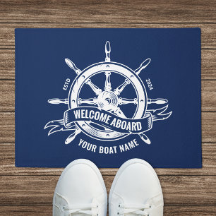 Nautical Ship's Wheel Welcome Aboard Navy Blue Doormat