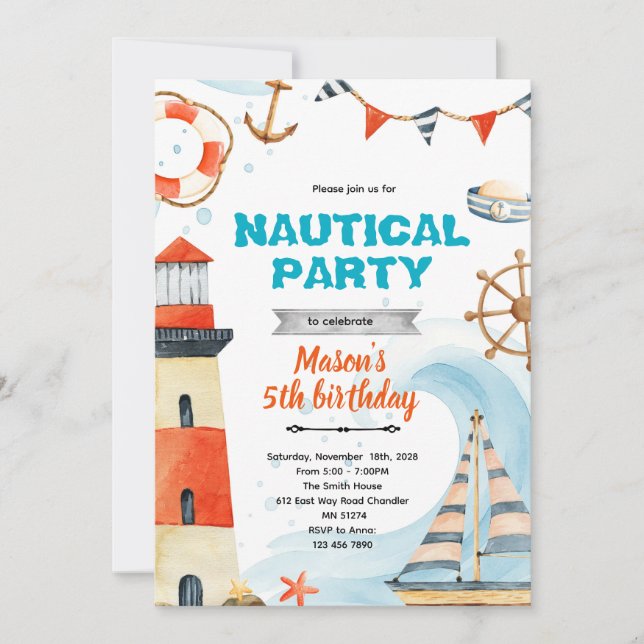 Nautical shower birthday party theme invite (Front)