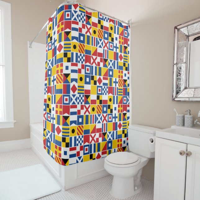 Nautical Signal Flags Pattern Shower Curtain (In Situ)