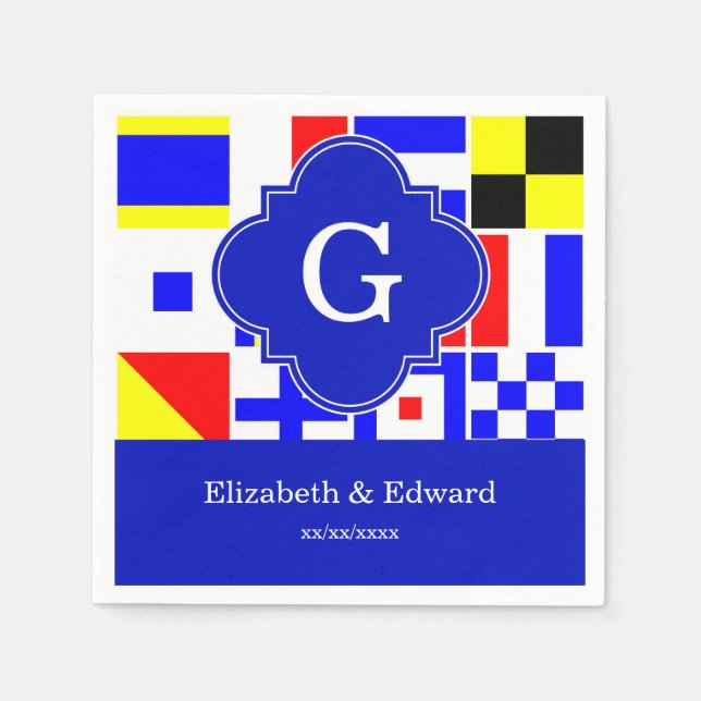 Nautical Signal Flags Royal Quatrefoil Monogram Napkin (Front)