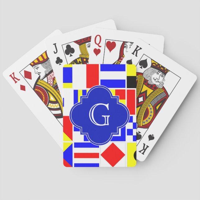 Nautical Signal Flags Royal Quatrefoil Monogram Playing Cards (Back)