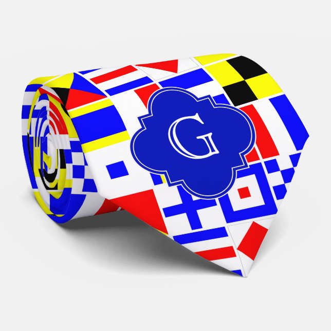 Nautical Signal Flags Royal Quatrefoil Monogram Tie (Rolled)