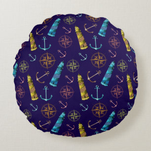 Nautical Signs Anchor Golden Lighthouse Compass Round Cushion