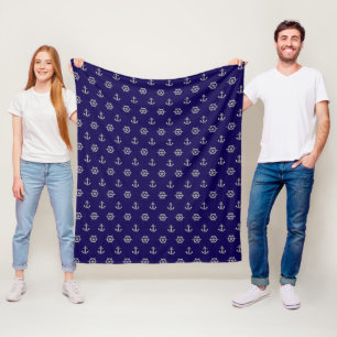 Nautical silver anchor and boat wheel, navy blue fleece blanket