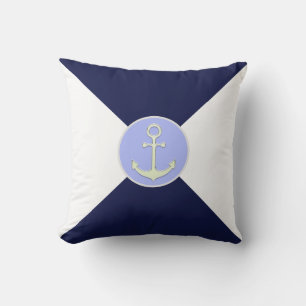Nautical Silver Anchor on Navy Blue & White Cushion
