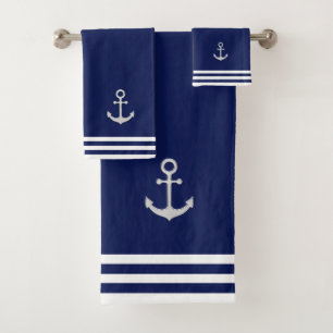 Nautical  Silver Anchor & Stripes on Navy Blue Bath Towel Set