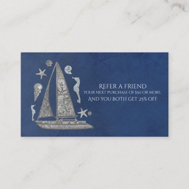Nautical Silver Boat Beach Elegant Refer a Friend Referral Card (Front)