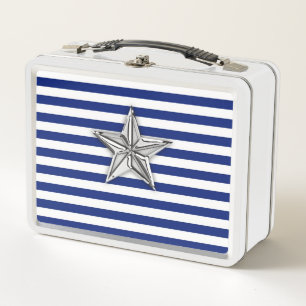 Nautical Silver Star Design on Stripes Metal Lunch Box