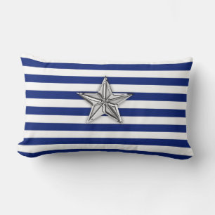 Nautical Silver Star on Blue Stripes Lumbar Cushion