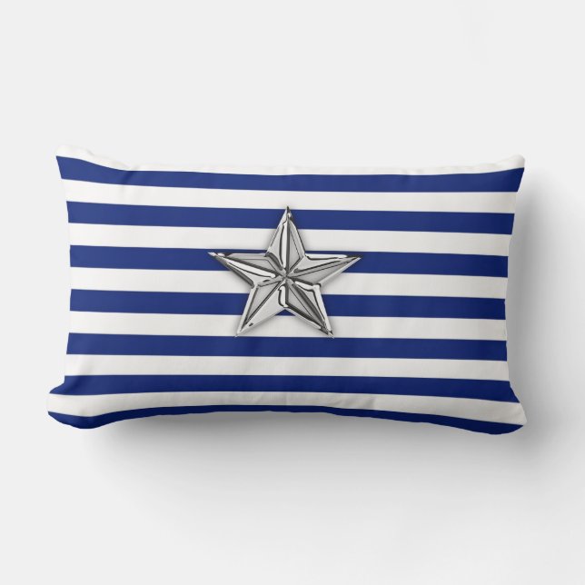 Nautical Silver Star on Blue Stripes Lumbar Cushion (Front)