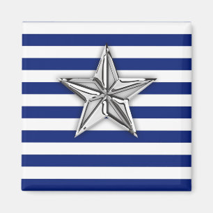 Nautical Silver Star on Blue Stripes Magnet