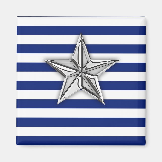 Nautical Silver Star on Blue Stripes Magnet (Front)