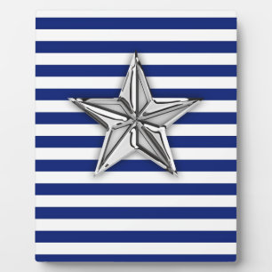 Nautical Silver Star on Blue Stripes Plaque