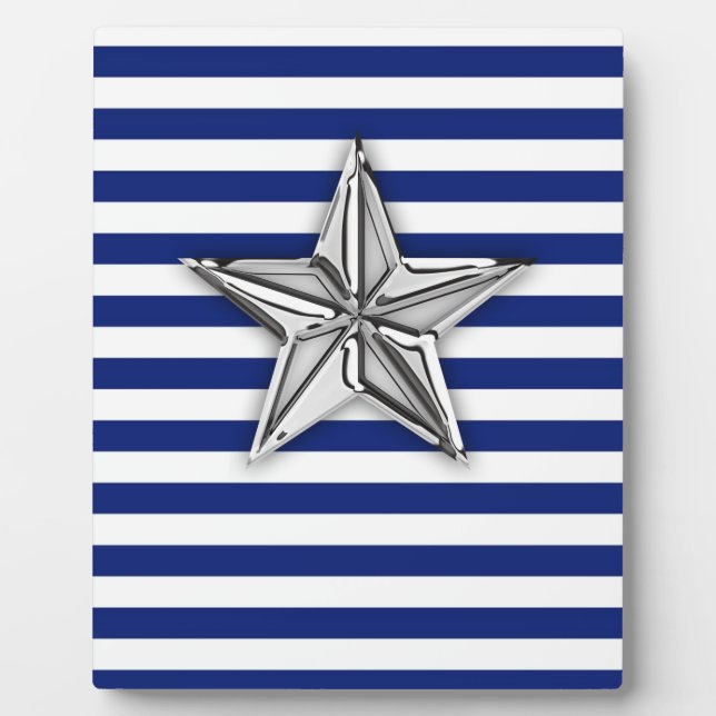 Nautical Silver Star on Blue Stripes Plaque (Front)