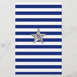 Nautical Silver Star on Blue Stripes Stationery