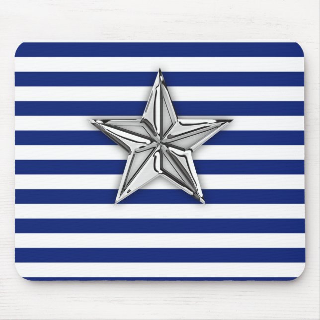 Nautical Silver Star on Navy Blue Stripes Mouse Pad (Front)