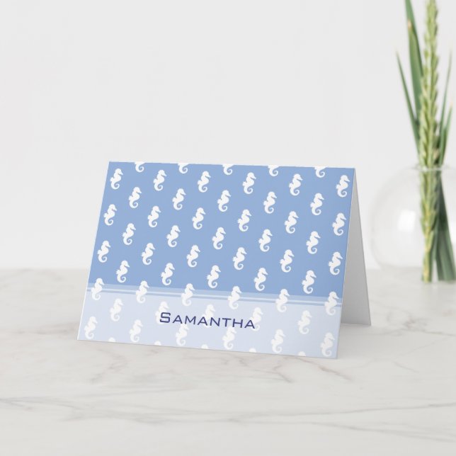 Nautical sky blue seahorse pattern note card (Front)