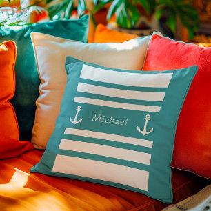 Nautical Soft Blue White Stripes Anchor Name Cushion