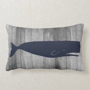 Nautical Sperm Whale Silhouette & Grey Wood Planks Lumbar Cushion