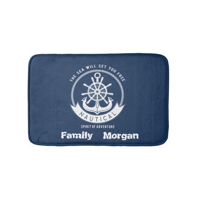 Nautical Spirit Anchor,Wheel, Navy Blue Bath Mat (Front)