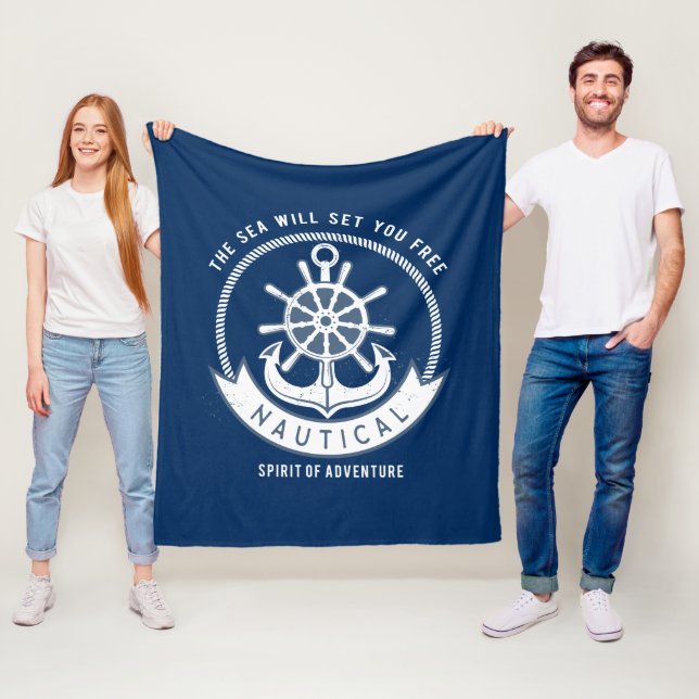 Nautical Spirit Anchor,Wheel, Navy Blue Fleece Blanket (In Situ)