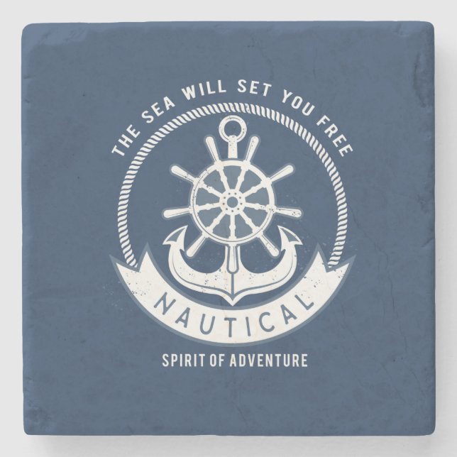 Nautical Spirit Anchor,Wheel, Navy Blue Stone Coaster (Front)