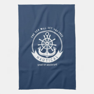 Nautical Spirit Anchor,Wheel, Navy Blue Tea Towel