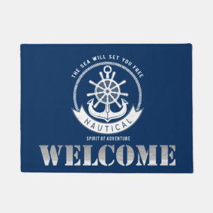 Nautical Spirit Anchor,Wheel, Navy Blue Welcome Doormat