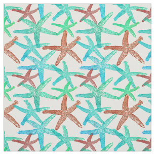 Nautical starfish abstract brown teal aqua green fabric