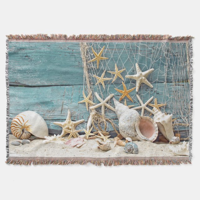 Nautical Starfish and Fisherman Net Throw Blanket (Front)