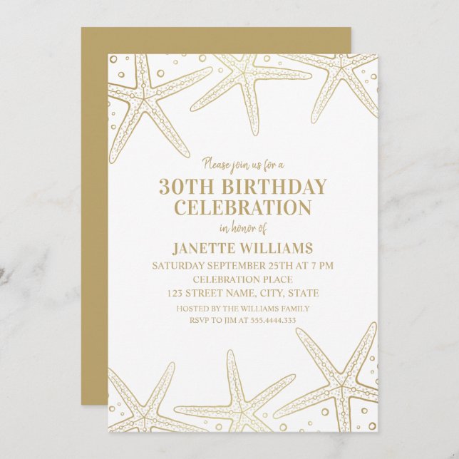 Nautical Starfish Beach Adult 30th Birthday Party Invitation (Front/Back)