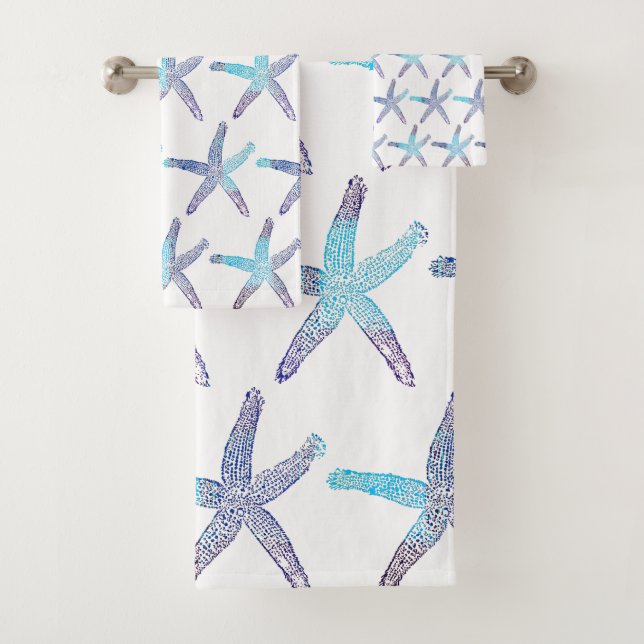 Nautical Starfish Beach Teal Blue Ombre Patterns Bath Towel Set (Insitu)