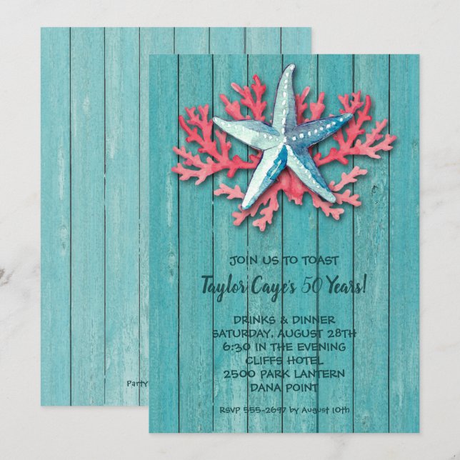 Nautical Starfish Coral on Turquoise Wood Invites (Front/Back)