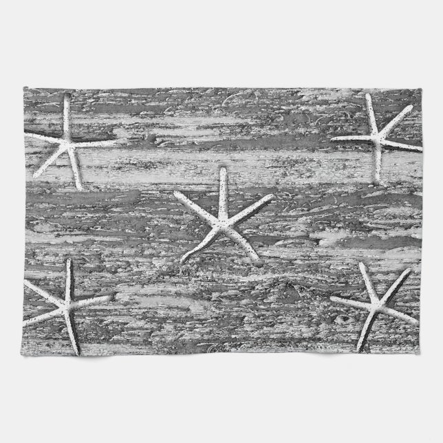 Nautical Starfish Driftwood Grey White Watercolor Tea Towel (Horizontal)