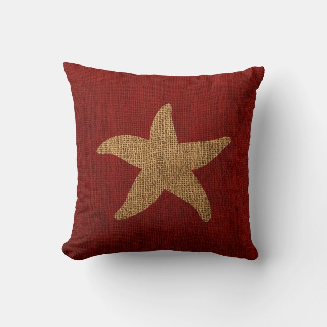 Nautical Starfish in Rustic Red and Burlap Look Cushion (Front)