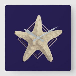 Nautical Starfish Navy Blue Minimalist  Square Wall Clock