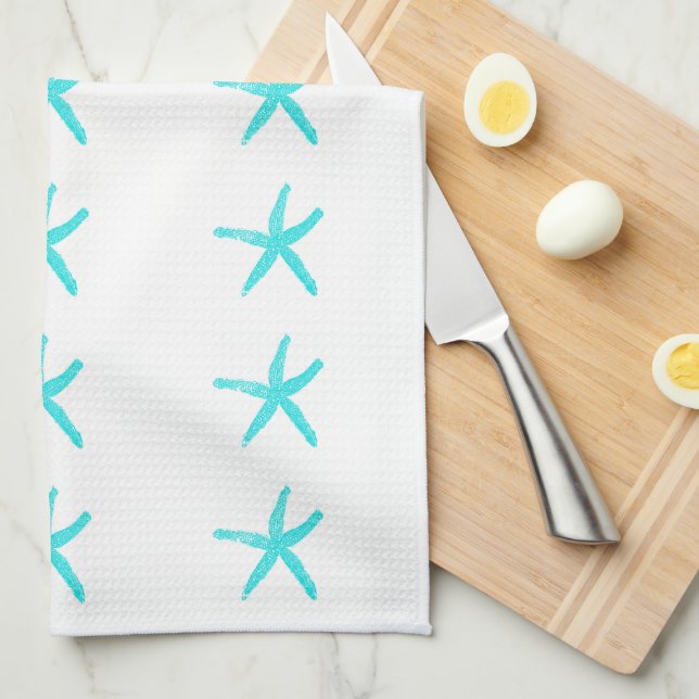 Nautical Starfish Patterns Sky Blue White Beach Tea Towel (Quarter Fold)