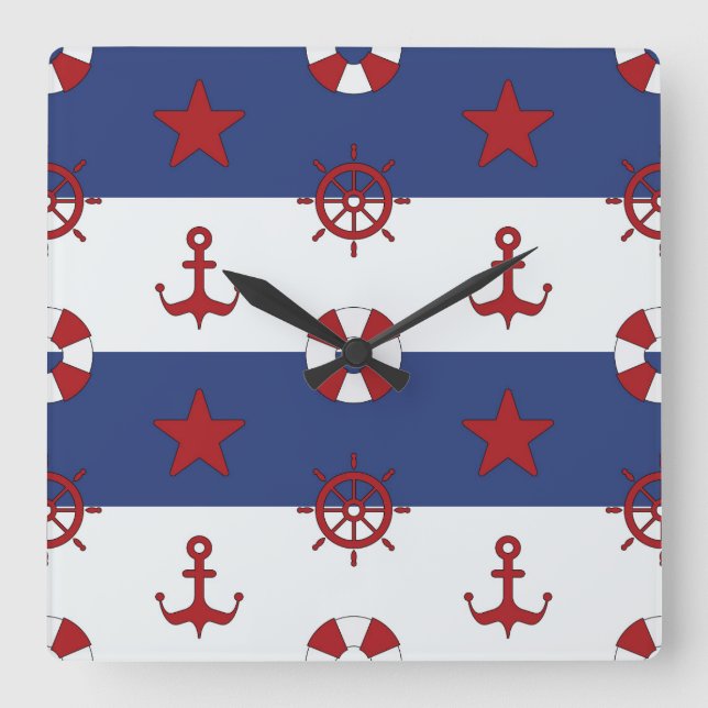 Nautical Stars And Stripes Pattern Square Wall Clock (Front)