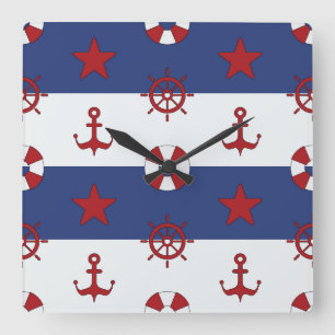 Nautical Stars And Stripes Pattern Square Wall Clock