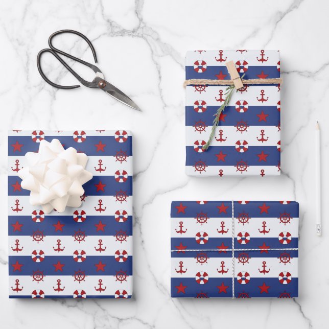 Nautical Stars And Stripes Pattern Wrapping Paper Sheet (Front)