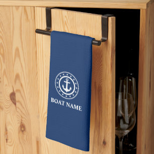 Nautical Stars Boat Name Anchor Navy Blue Tea Towel