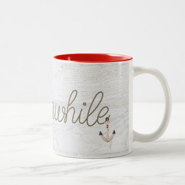 nautical Stay Awhile text rope message on wood Two-Tone Coffee Mug (Right)