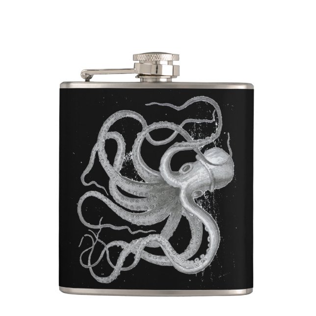 Nautical steampunk octopus Vintage kraken drawing Hip Flask (Front)